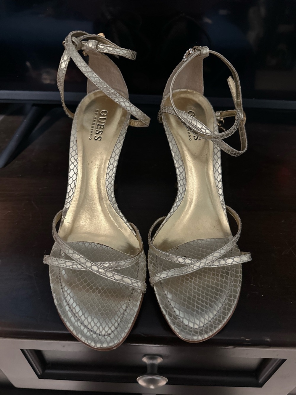 GUESS Gold Snake-Embossed Strappy Ankle Strap Heels